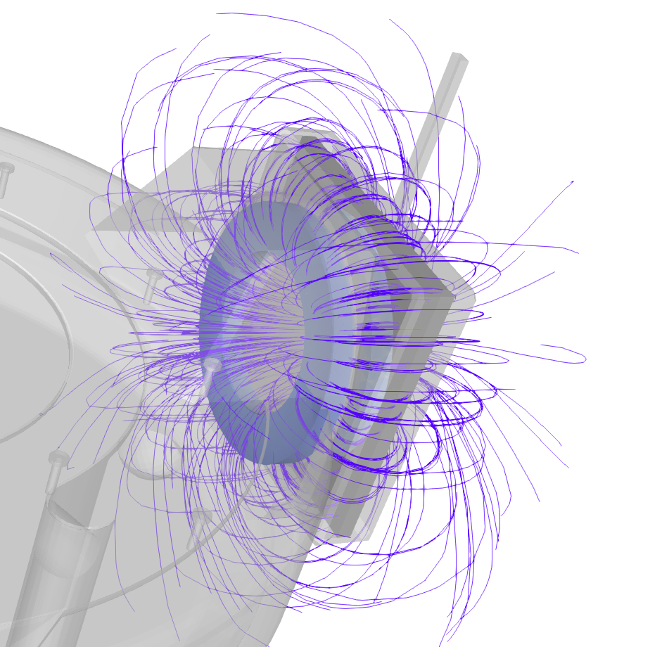 Here, we see a detailed visualization of electromagnetic field lines interacting with the vacuum cleaner's charging pad. This helps engineers make sure that the system achieves consistent alignment and stability during power transfer. Simulations can highlight misalignment issues, allowing for design corrections before physical prototyping. 