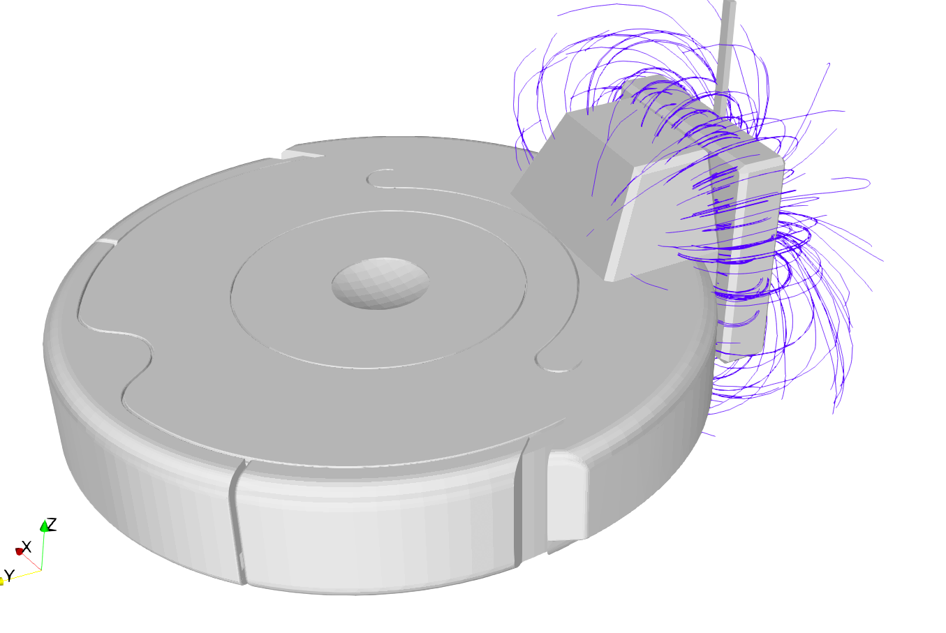 The following simulation image demonstrates the external geometry of the vacuum cleaner along with the charging system’s electromagnetic interactions. By examining these visualizations, engineers can refine the placement and orientation of charging components, ensuring thermal management and maximizing energy efficiency. 