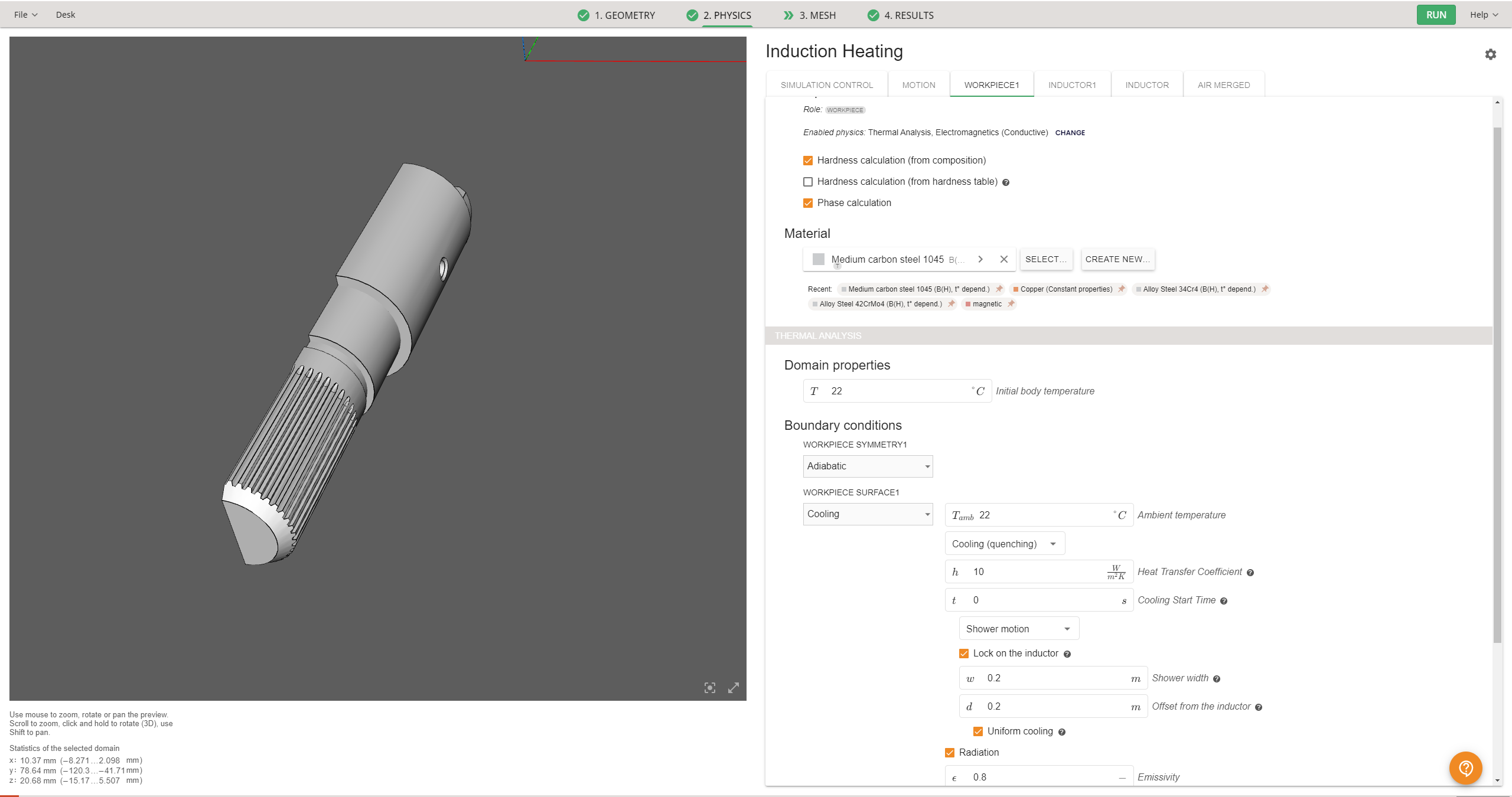 Physics setup view for the workpiece including cooling settings